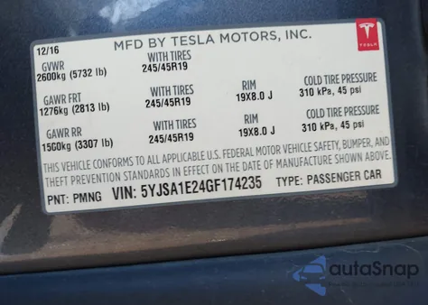 2016 Tesla Model S 60D/70D/75D/85D/90D z USA, uszkodzony, nr VIN 5YJSA1E24GF174235
